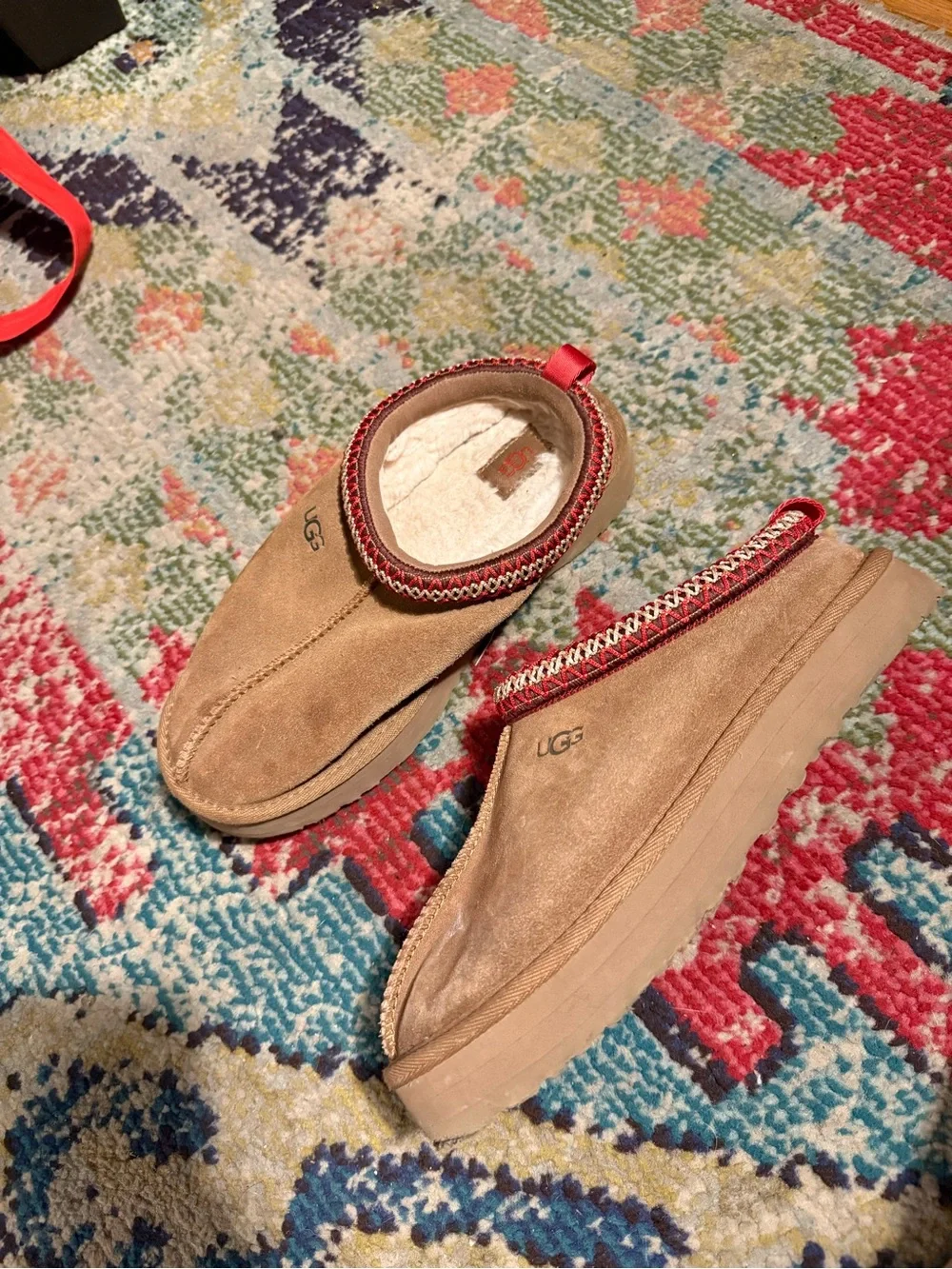 UGG Chestnut Suede Slip-On Clog with Red Trim big kids 4